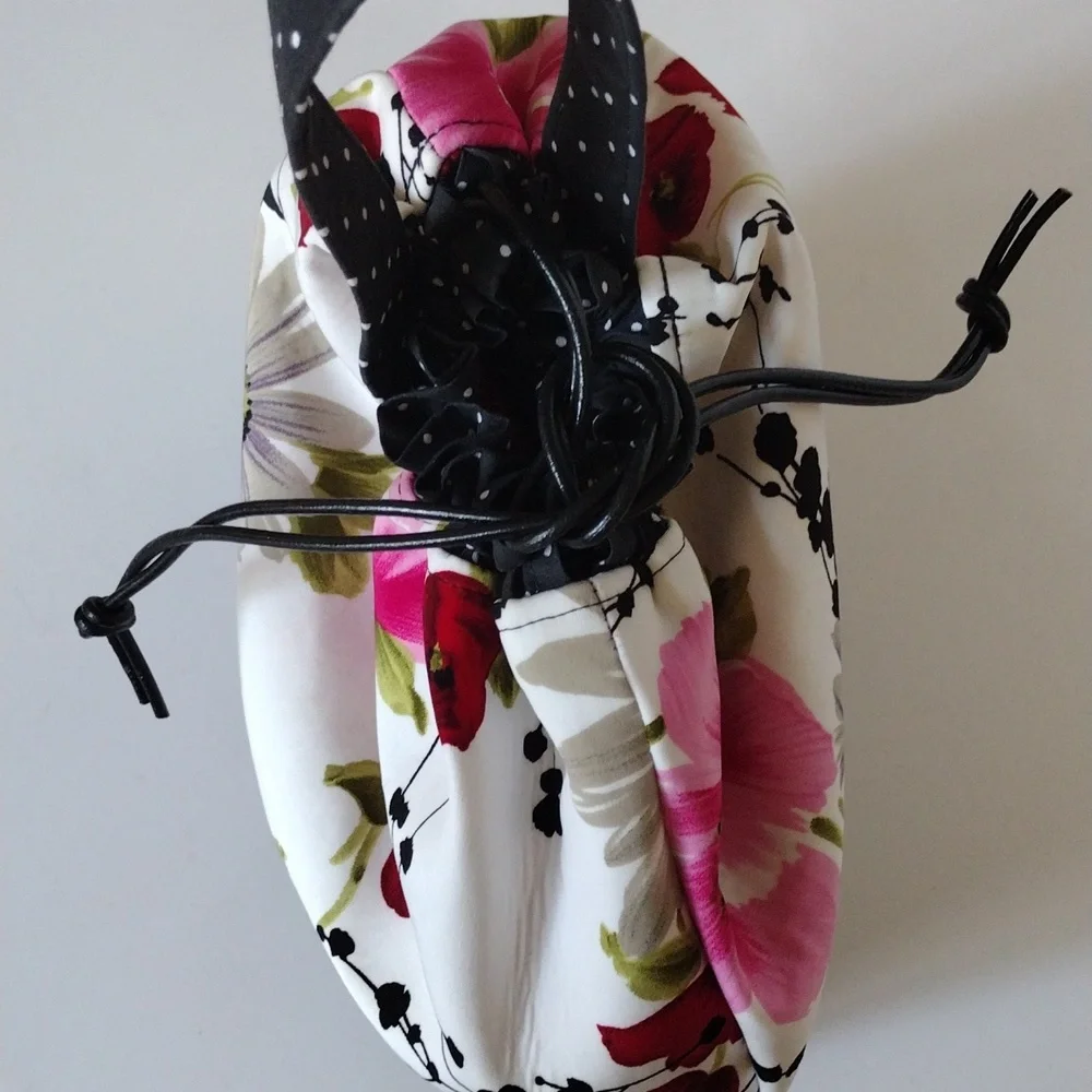 Floral, polkadots, and faux black leather draw string bag - Picture 2 of 6